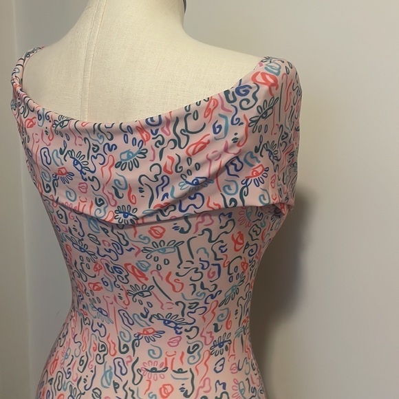 Cristina Martinez Off the Shoulder Bodysuit  pink teal doodle artsy top New S - Picture 5 of 9